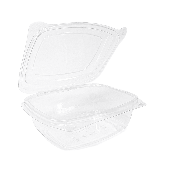 Contenants transparents en bioplastique 350 ml avec couvercle charnière, compostables et adaptés au contact alimentaire.