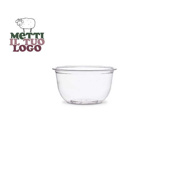 Récipient alimentaire transparent personnalisé 235 ml en bioplastique, compostable et biodégradable, adapté au contact alimentaire.