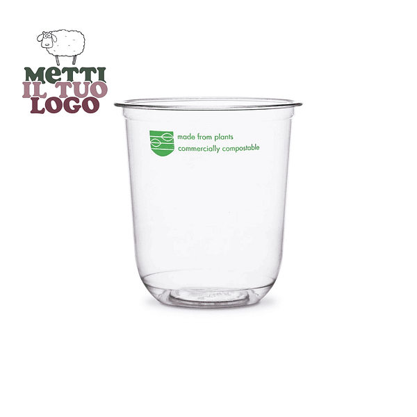 Récipient alimentaire transparent personnalisé 470 ml en bioplastique, compostable et biodégradable, adapté au contact alimentaire.