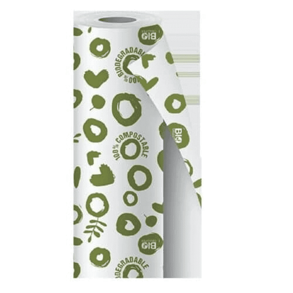 Rouleau de nappe en papier blanc avec graphisme vert compostable.