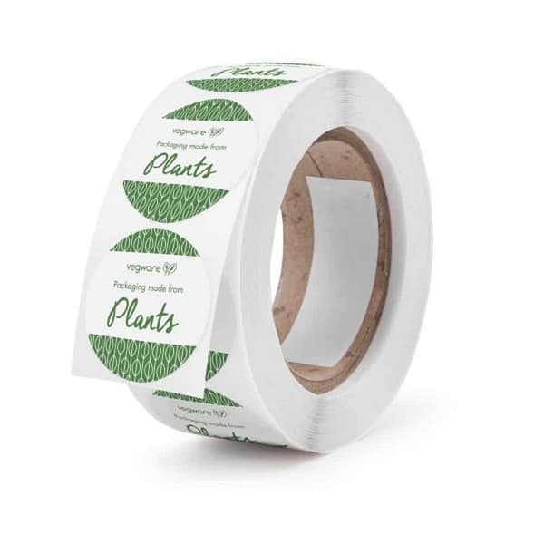 Rouleau d'étiquettes adhésives écologiques 1000 pcs, compostables et biodégradables, adaptées au contact alimentaire.