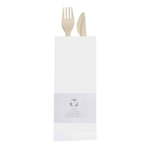 Pochette porte-couverts blanche avec serviette, compostable et biodégradable