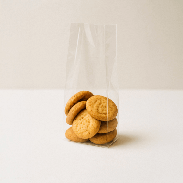 Sachet de dragées transparent Natureflex™ 60+50x200 mm, fabriqué à partir de ressources 100% végétales, compostable et biodégradable.