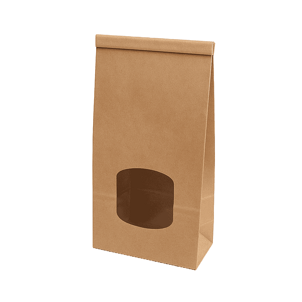Sac en papier kraft avec fenêtre 11,5x7x24,6 cm, certifié Uni EN 13432, sans plastique, adapté au contact alimentaire.