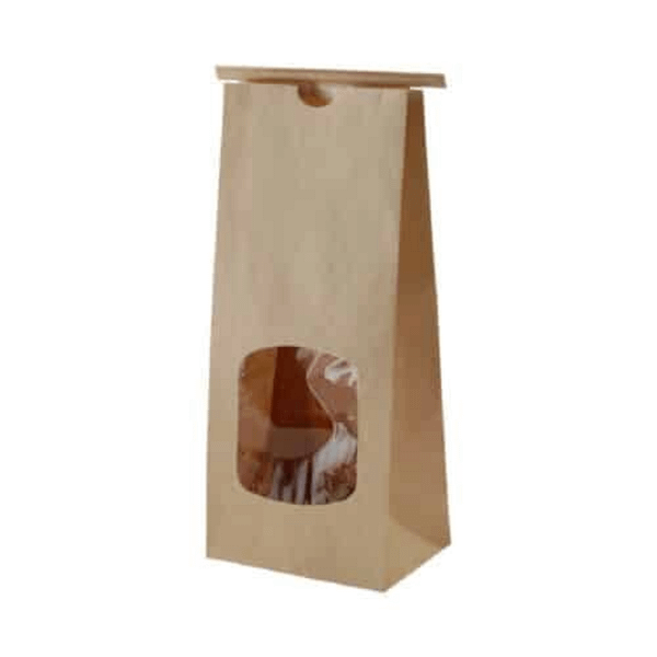 Sac en papier kraft avec fenêtre en PLA, fermeture en étain 9x5 h 26 cm, certifié Uni EN 13432, sans plastique, adapté au contact alimentaire.