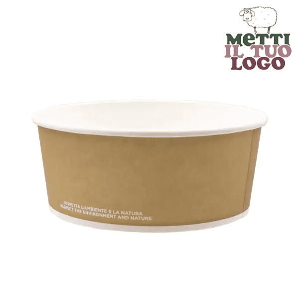 Saladier jetable havane personnalisé 390 ml en carton, compostable et biodégradable, adapté au contact alimentaire.