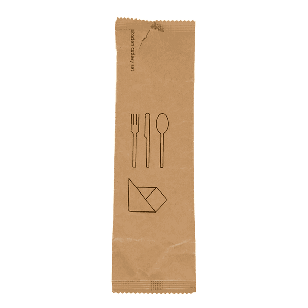 Trio de couverts en bois emballés, compostables et biodégradables, couleur naturelle