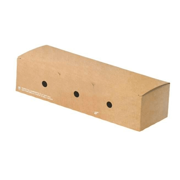 Boîte porte-hotdog en carton kraft avana 230×73×54,5 mm, compostable.