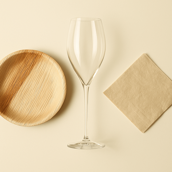 Kit de vaisselle compostable et écologique pour les fêtes : assiettes, serviettes, verres.