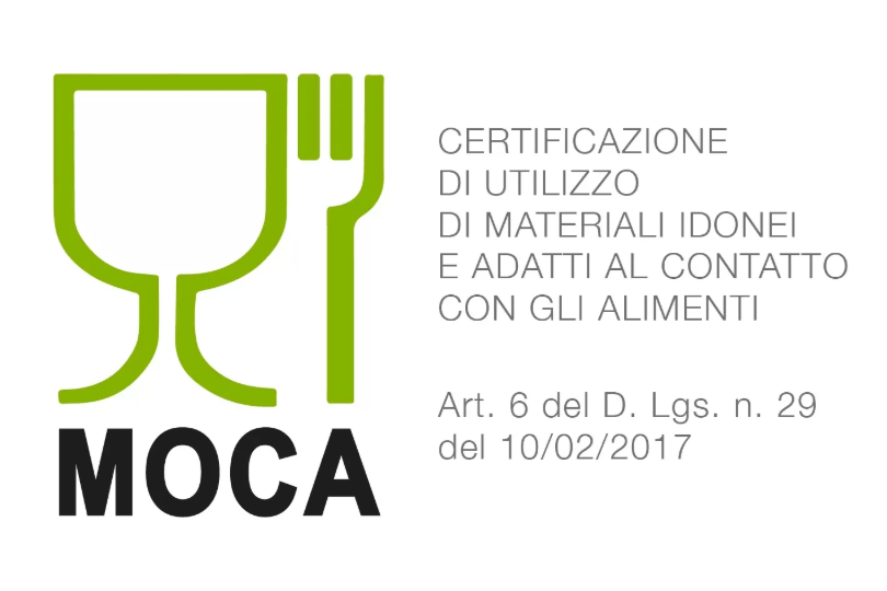 Logo MOCA con simbolo bicchiere e forchetta per materiali idonei al contatto alimentare
